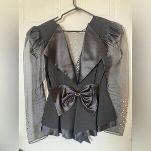 Old Money Gothic Chic Lori Ann 80s Black Peplum Satin Bow Blouse Victorian Style